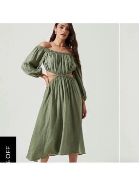 Astr Olive Green Off-Shoulder Midi Dress with Cutout Waist